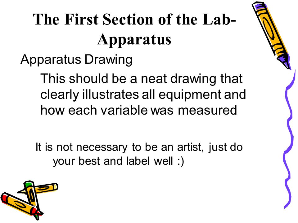 Apparatus Drawing This should be a neat drawing that clearly illustrates all equipment and how each variable was measured It is not necessary to be an artist, just do your best and label well :) The First Section of the Lab- Apparatus