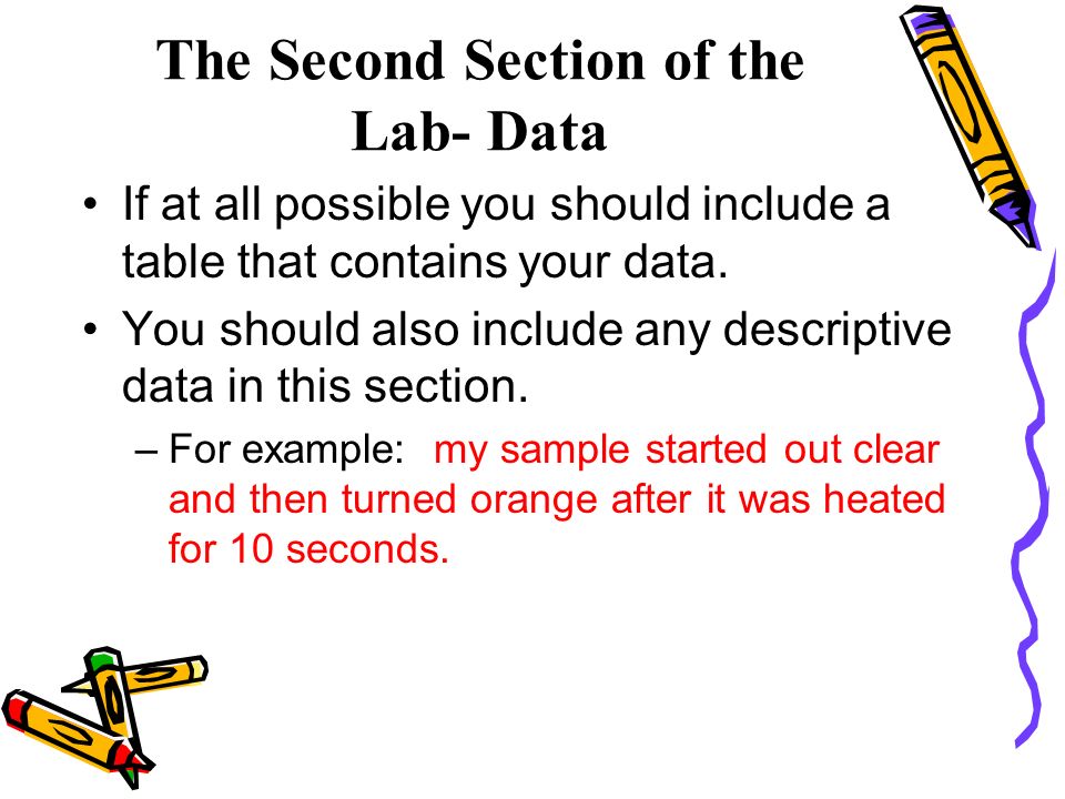 The Second Section of the Lab- Data If at all possible you should include a table that contains your data.