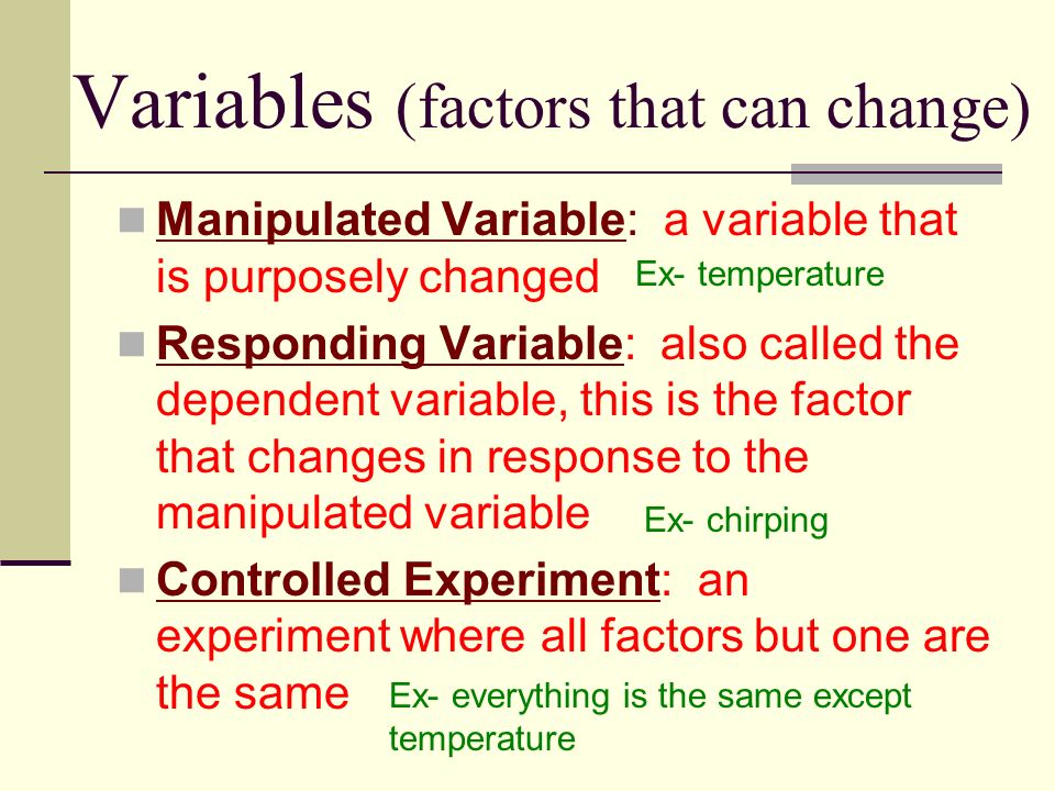 Variables (factors that can change) Manipulated Variable: a variable that is purposely changed Responding Variable: also called the dependent variable, this is the factor that changes in response to the manipulated variable Controlled Experiment: an experiment where all factors but one are the same Ex- temperature Ex- chirping Ex- everything is the same except temperature