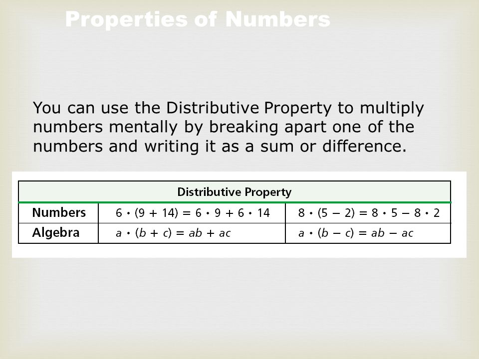 Properties of Numbers You can use the Distributive Property to multiply numbers mentally by breaking apart one of the numbers and writing it as a sum or difference.