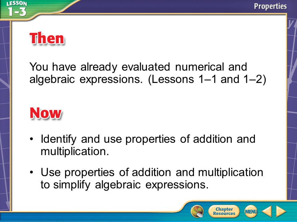 Then/Now You have already evaluated numerical and algebraic expressions.