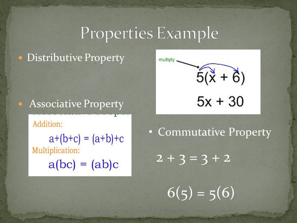 Distributive Property Associative Property Commutative Property = (5) = 5(6)