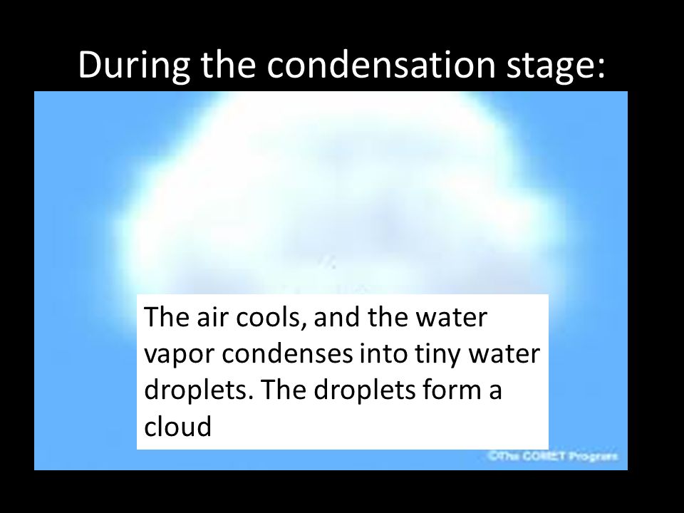 During the condensation stage: The air cools, and the water vapor condenses into tiny water droplets.