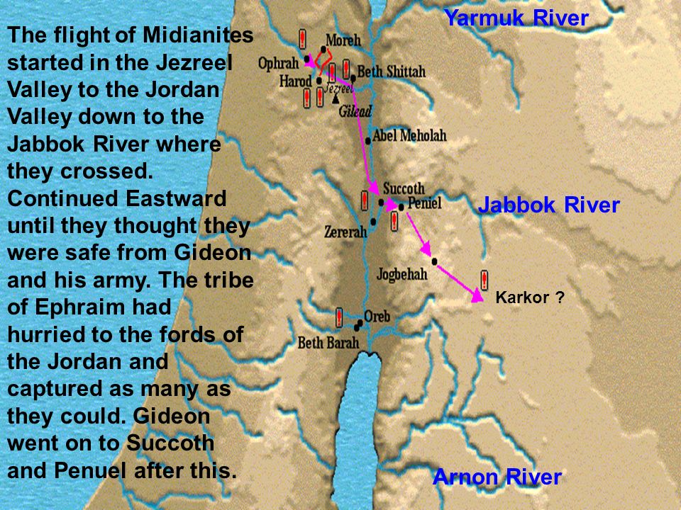 The flight of Midianites started in the Jezreel Valley to the Jordan Valley down to the Jabbok River where they crossed.