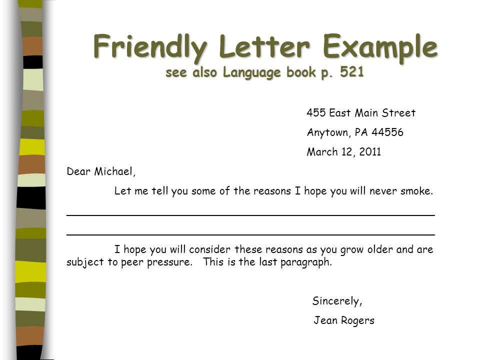 Parts of a Friendly Letter. 5 Parts of a Friendly Letter 1. The Heading 2.  The Greeting 3. The Body 4. The Closing 5. The Signature. - ppt download