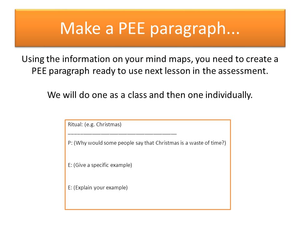 Make a PEE paragraph... Ritual: (e.g.