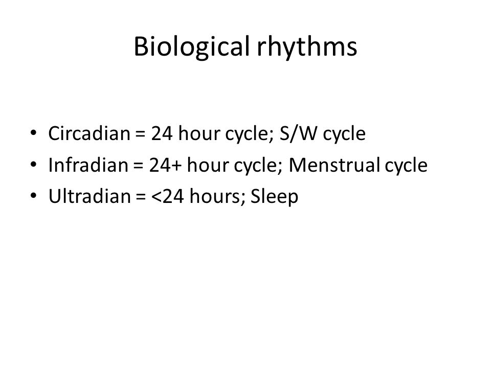 Biological rhythms Circadian = 24 hour cycle; S/W cycle Infradian = 24+ hour cycle; Menstrual cycle Ultradian = <24 hours; Sleep