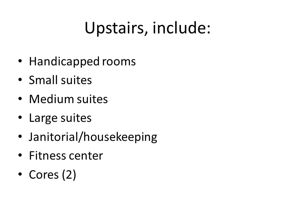Upstairs, include: Handicapped rooms Small suites Medium suites Large suites Janitorial/housekeeping Fitness center Cores (2)