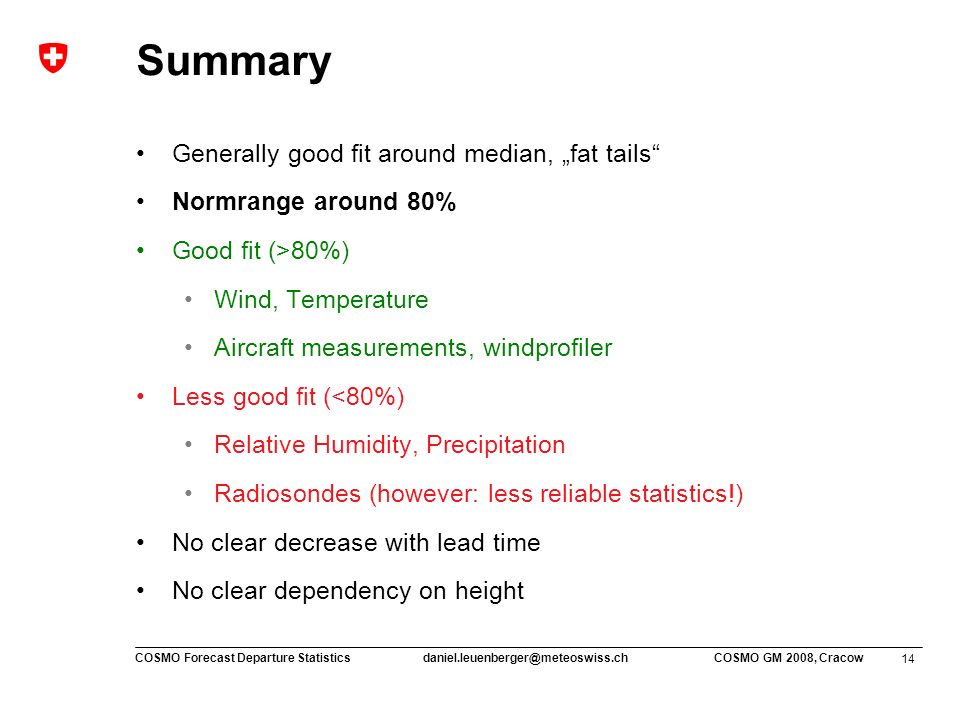 14 COSMO Forecast Departure COSMO GM 2008, Cracow Summary Generally good fit around median, „fat tails Normrange around 80% Good fit (>80%) Wind, Temperature Aircraft measurements, windprofiler Less good fit (<80%) Relative Humidity, Precipitation Radiosondes (however: less reliable statistics!) No clear decrease with lead time No clear dependency on height