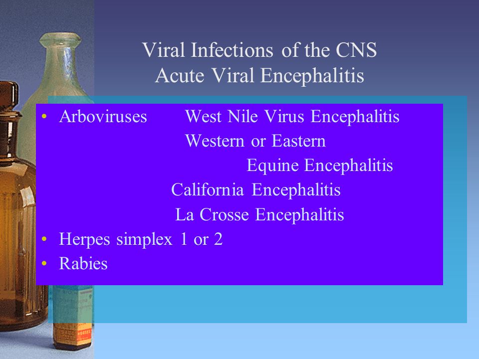 Viral Infections of the CNS Acute Viral Encephalitis ArbovirusesWest Nile Virus Encephalitis Western or Eastern Equine Encephalitis California Encephalitis La Crosse Encephalitis Herpes simplex 1 or 2 Rabies