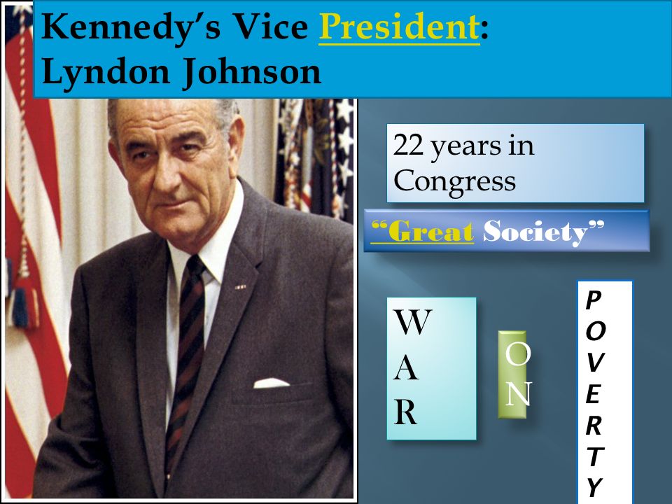 Kennedy’s Vice President:President Lyndon Johnson Great Great Society WARWAR WARWAR ONON P O V E R T Y 22 years in Congress