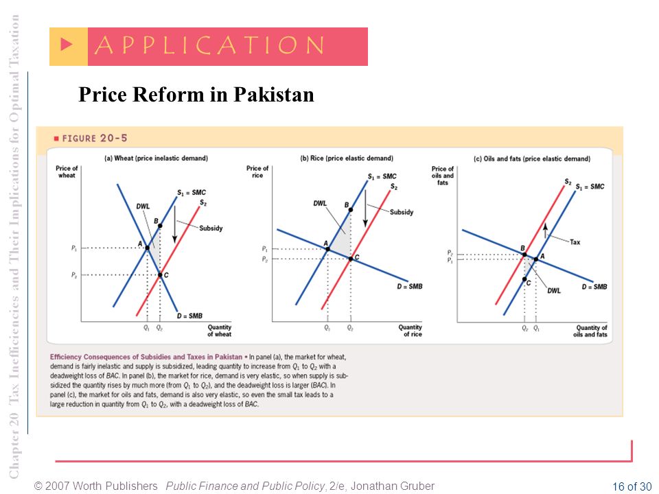 Chapter 20 Tax Inefficiencies and Their Implications for Optimal Taxation © 2007 Worth Publishers Public Finance and Public Policy, 2/e, Jonathan Gruber 16 of 30 Price Reform in Pakistan  A P P L I C A T I O N