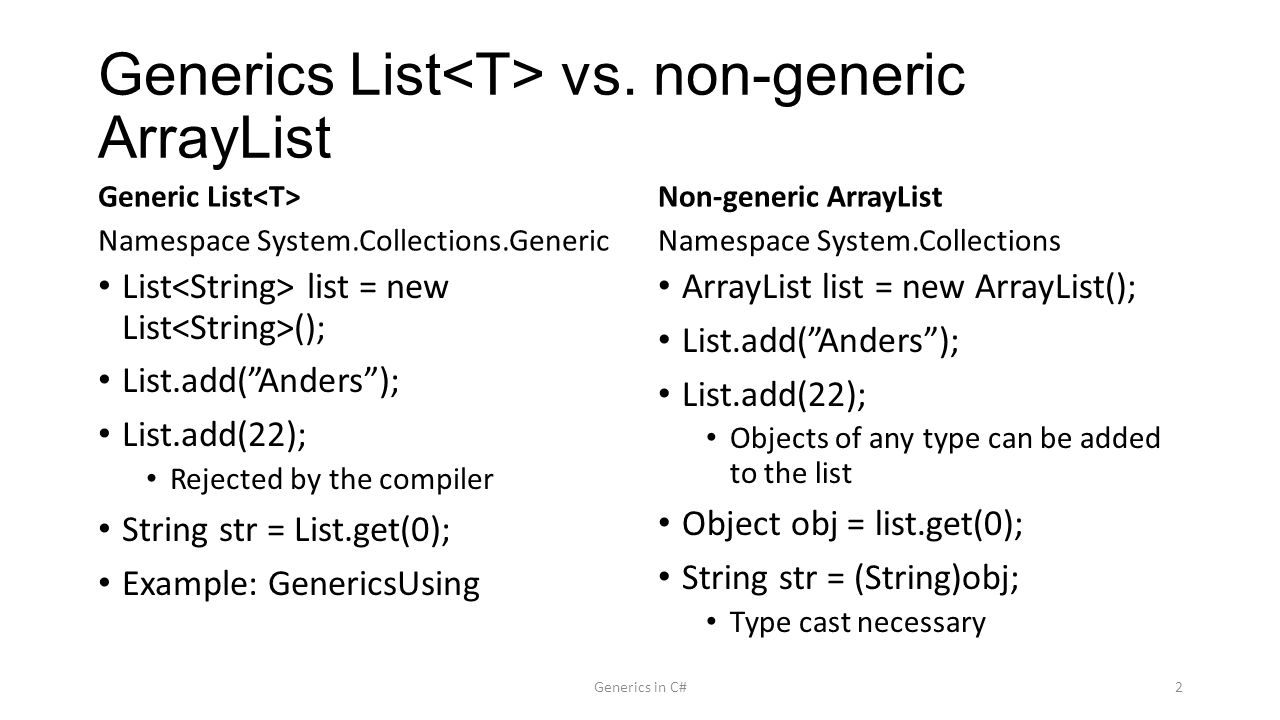 Generics in C# 1. Generics List vs. non-generic ArrayList Generic List  Namespace System.Collections.Generic List list = new List ();  List.add(”Anders”); - ppt download