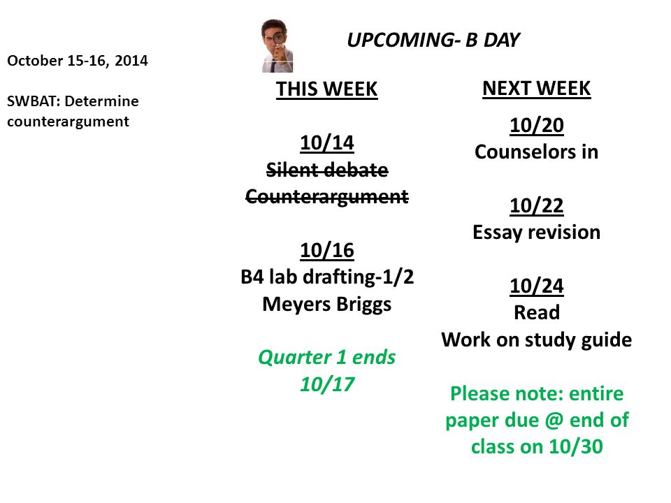 October 15-16, 2014 SWBAT: Determine counterargument UPCOMING- B DAY THIS WEEK 10/14 Silent debate Counterargument 10/16 B4 lab drafting-1/2 Meyers Briggs Quarter 1 ends 10/17 NEXT WEEK 10/20 Counselors in 10/22 Essay revision 10/24 Read Work on study guide Please note: entire paper end of class on 10/30