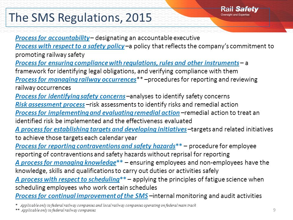 The SMS Regulations, 2015 Process for accountability – designating an accountable executive Process with respect to a safety policy –a policy that reflects the company’s commitment to promoting railway safety Process for ensuring compliance with regulations, rules and other instruments – a framework for identifying legal obligations, and verifying compliance with them Process for managing railway occurrences** –procedures for reporting and reviewing railway occurrences Process for identifying safety concerns –analyses to identify safety concerns Risk assessment process –risk assessments to identify risks and remedial action Process for implementing and evaluating remedial action –remedial action to treat an identified risk be implemented and the effectiveness evaluated A process for establishing targets and developing initiatives –targets and related initiatives to achieve those targets each calendar year Process for reporting contraventions and safety hazards** – procedure for employee reporting of contraventions and safety hazards without reprisal for reporting A process for managing knowledge** – ensuring employees and non-employees have the knowledge, skills and qualifications to carry out duties or activities safely A process with respect to scheduling** – applying the principles of fatigue science when scheduling employees who work certain schedules Process for continual improvement of the SMS –internal monitoring and audit activities * Applicable only to federal railway companies and local railway companies operating on federal main track ** Applicable only to federal railway companies 9