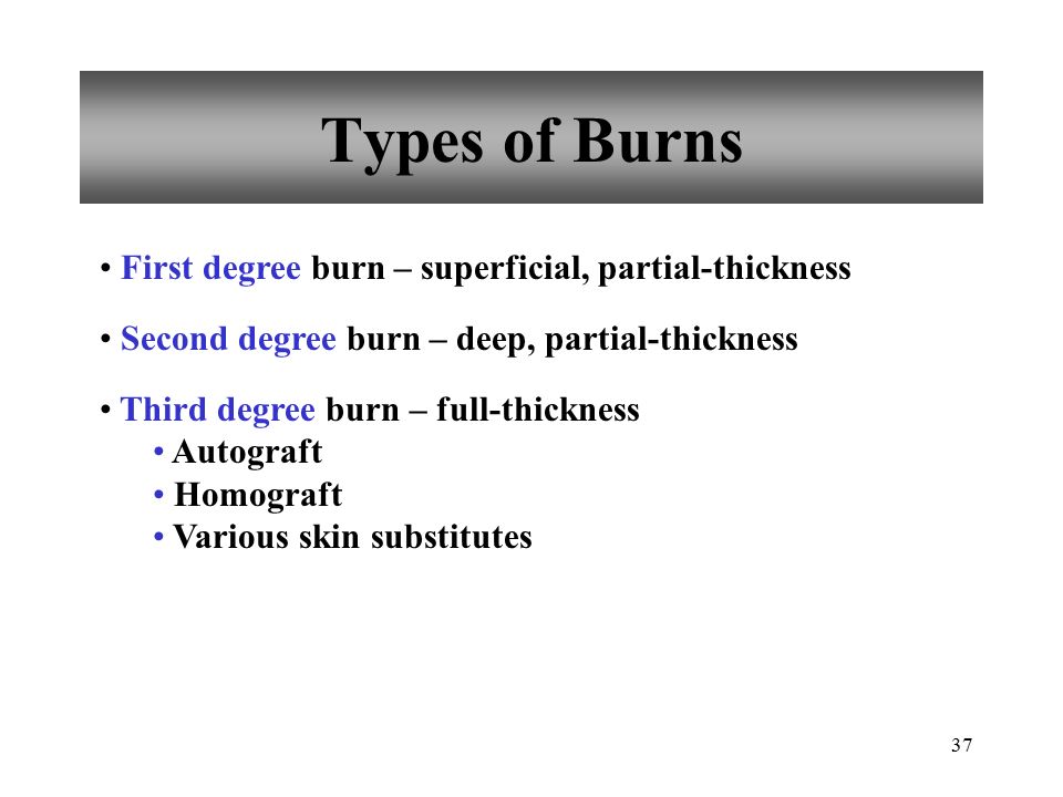 37 Types of Burns First degree burn – superficial, partial-thickness Second degree burn – deep, partial-thickness Third degree burn – full-thickness Autograft Homograft Various skin substitutes