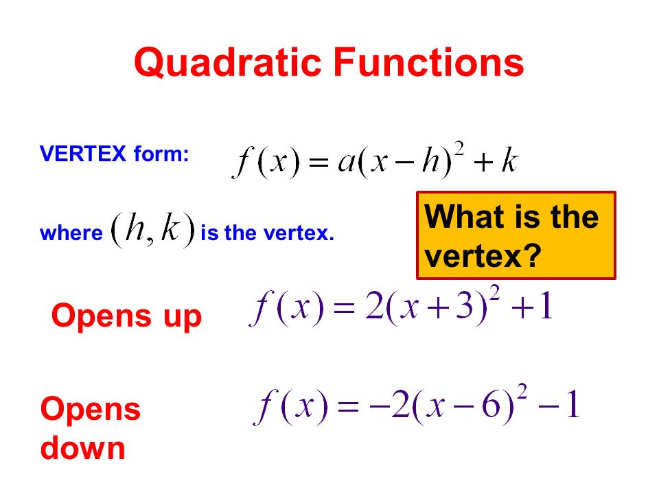 Quadratic Functions VERTEX form: where is the vertex. Opens up Opens down What is the vertex