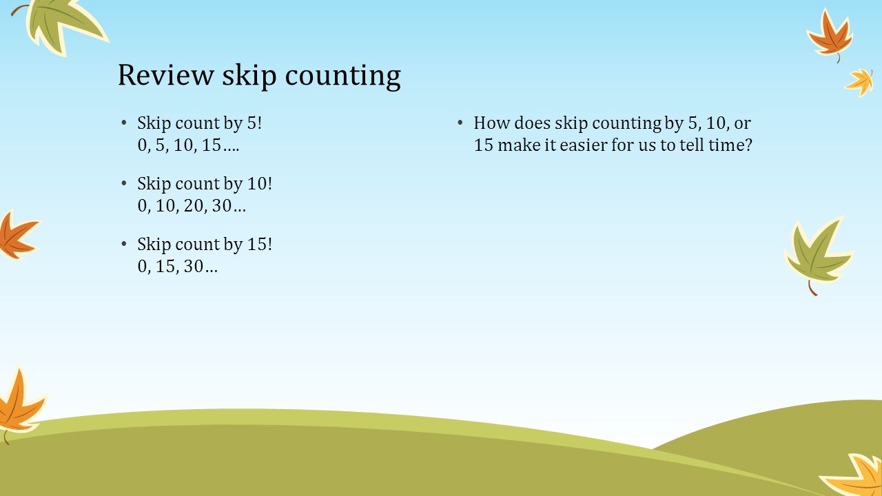 Review skip counting Skip count by 5. 0, 5, 10, 15….