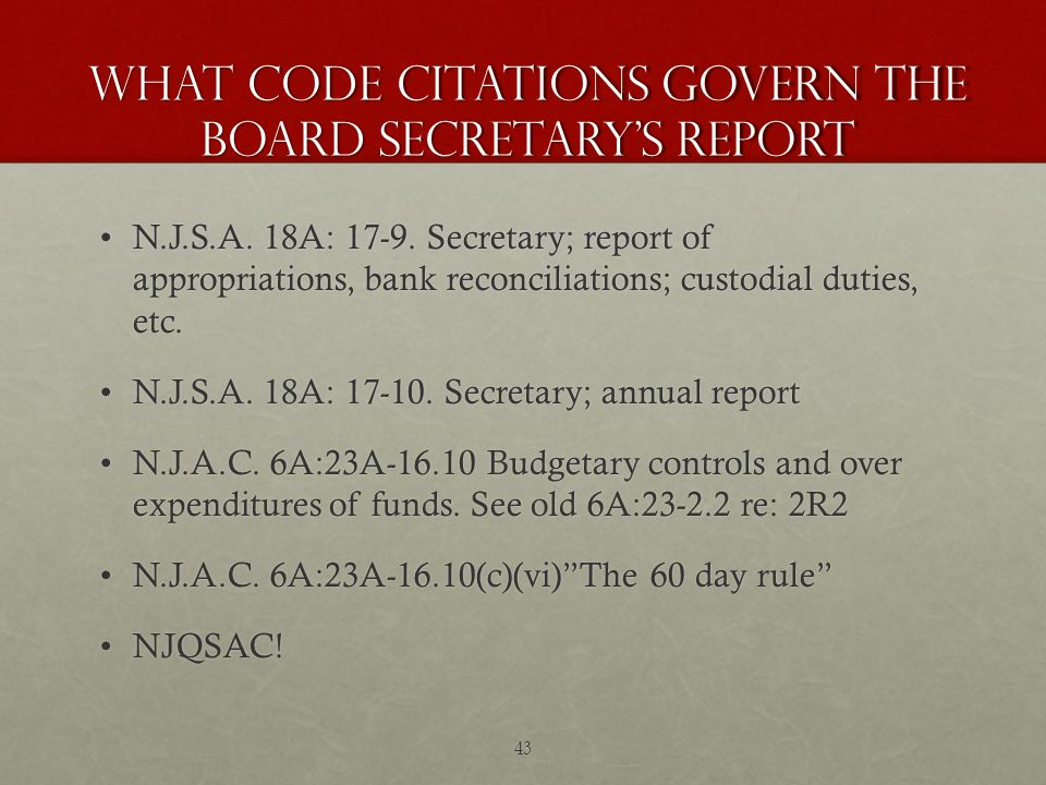 What code citations govern the Board Secretary’s Report N.J.S.A.