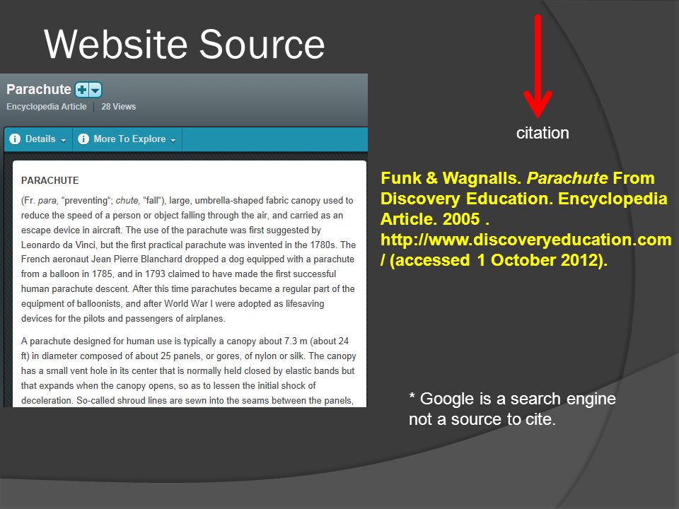 Website Source Funk & Wagnalls. Parachute From Discovery Education.