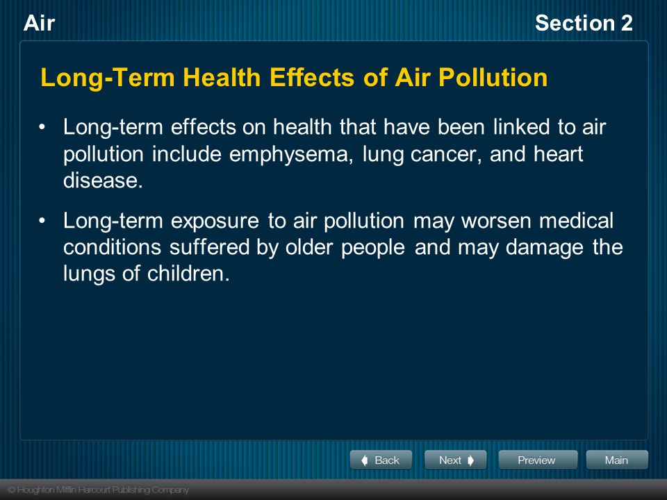 AirSection 2 Objectives Describe three possible short-term effects and long-term  effects of air pollution on human health. Explain what causes indoor air. -  ppt download