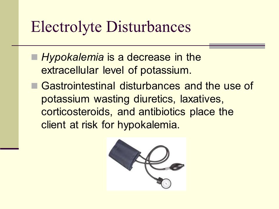Electrolyte Disturbances Hypokalemia is a decrease in the extracellular level of potassium.