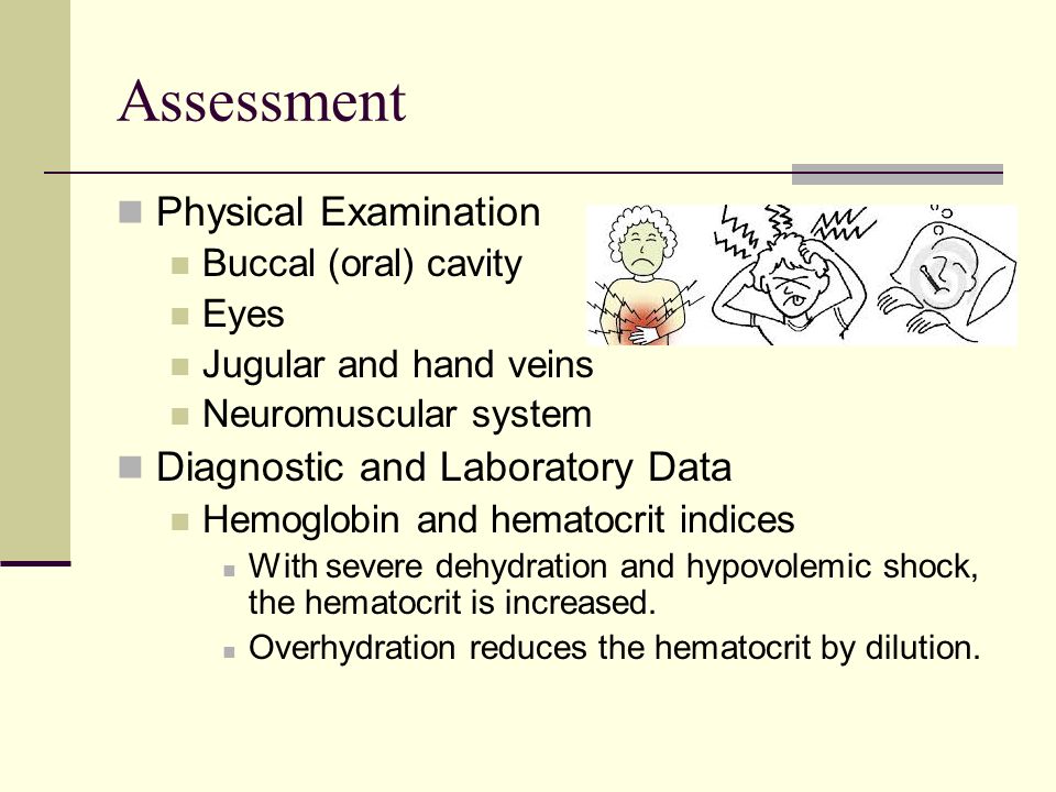 Assessment Physical Examination Buccal (oral) cavity Eyes Jugular and hand veins Neuromuscular system Diagnostic and Laboratory Data Hemoglobin and hematocrit indices With severe dehydration and hypovolemic shock, the hematocrit is increased.