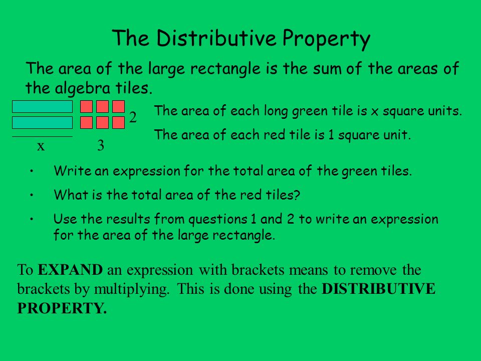 The Distributive Property The area of the large rectangle is the sum of the areas of the algebra tiles.