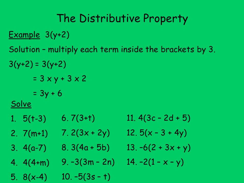 The Distributive Property Example 3(y+2) Solution – multiply each term inside the brackets by 3.