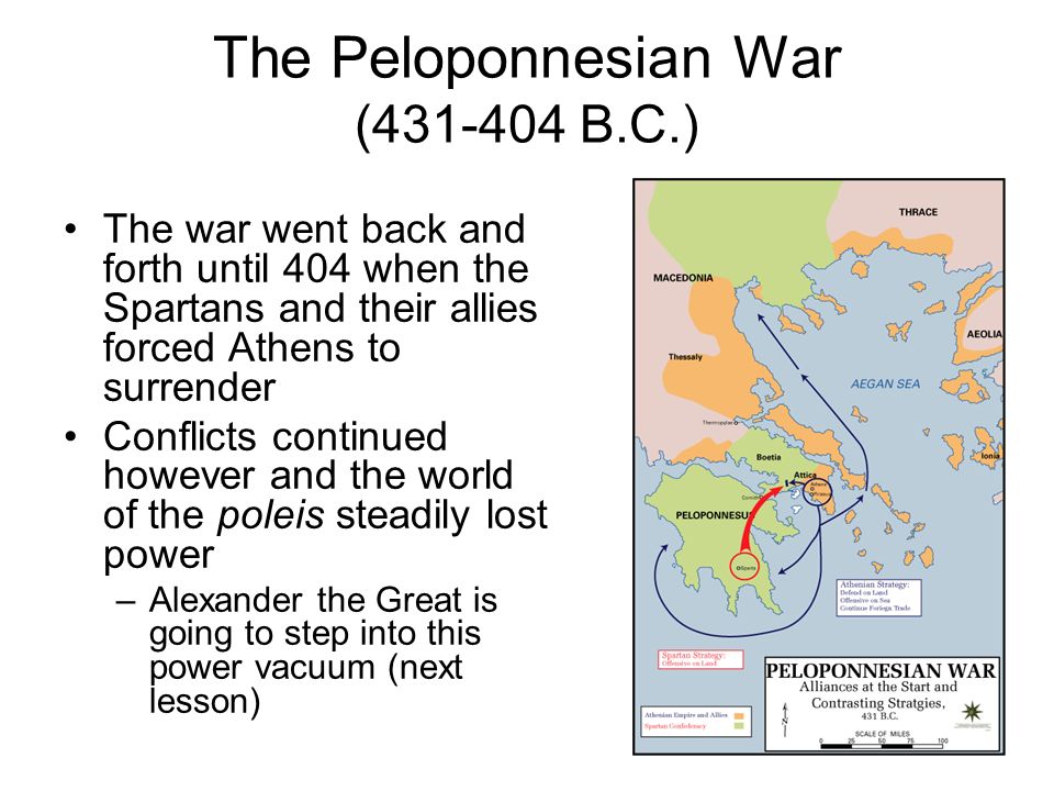 The Peloponnesian War ( B.C.) The war went back and forth until 404 when the Spartans and their allies forced Athens to surrender Conflicts continued however and the world of the poleis steadily lost power –Alexander the Great is going to step into this power vacuum (next lesson)