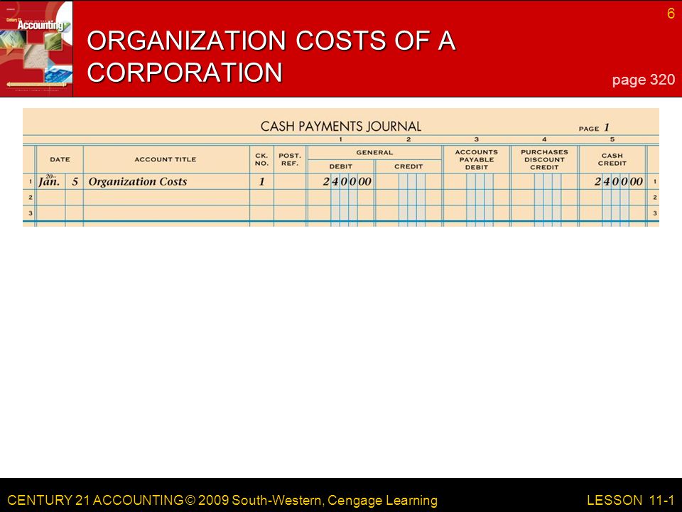 CENTURY 21 ACCOUNTING © 2009 South-Western, Cengage Learning 6 LESSON 11-1 ORGANIZATION COSTS OF A CORPORATION page 320