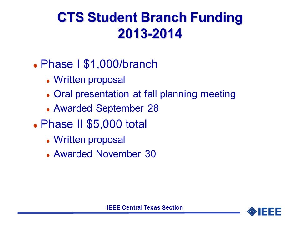 IEEE Central Texas Section CTS Student Branch Funding l Phase I $1,000/branch l Written proposal l Oral presentation at fall planning meeting l Awarded September 28 l Phase II $5,000 total l Written proposal l Awarded November 30