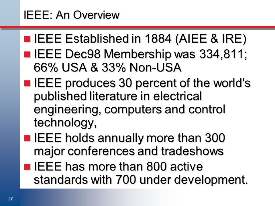 17 IEEE: An Overview IEEE Established in 1884 (AIEE & IRE) IEEE Established in 1884 (AIEE & IRE) IEEE Dec98 Membership was 334,811; 66% USA & 33% Non-USA IEEE Dec98 Membership was 334,811; 66% USA & 33% Non-USA IEEE produces 30 percent of the world s published literature in electrical engineering, computers and control technology, IEEE produces 30 percent of the world s published literature in electrical engineering, computers and control technology, IEEE holds annually more than 300 major conferences and tradeshows IEEE holds annually more than 300 major conferences and tradeshows IEEE has more than 800 active standards with 700 under development.