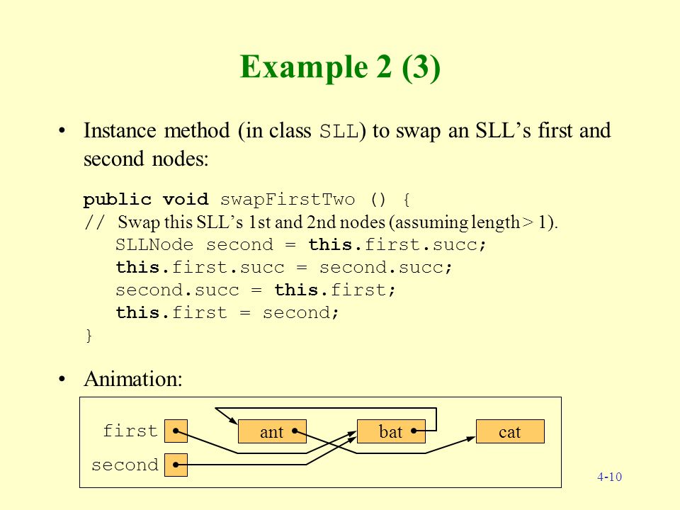 4-10 Example 2 (3) Instance method (in class SLL ) to swap an SLL’s first and second nodes: public void swapFirstTwo () { // Swap this SLL’s 1st and 2nd nodes (assuming length > 1).