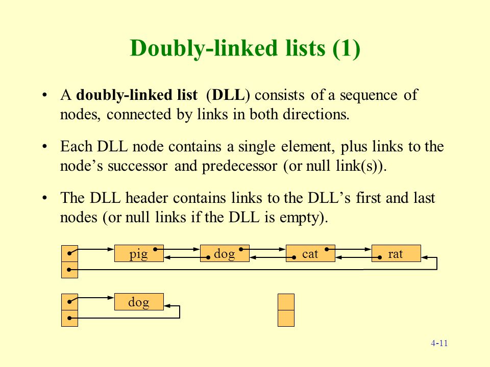4-11 Doubly-linked lists (1) A doubly-linked list (DLL) consists of a sequence of nodes, connected by links in both directions.