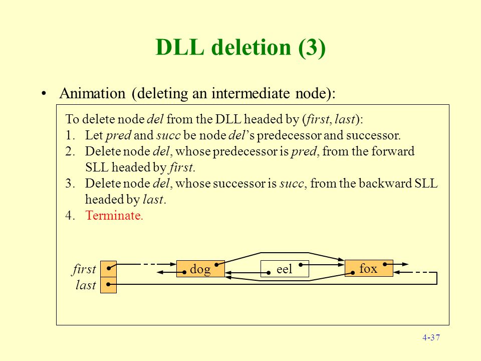 4-37 DLL deletion (3) Animation (deleting an intermediate node): To delete node del from the DLL headed by (first, last): 1.Let pred and succ be node del’s predecessor and successor.