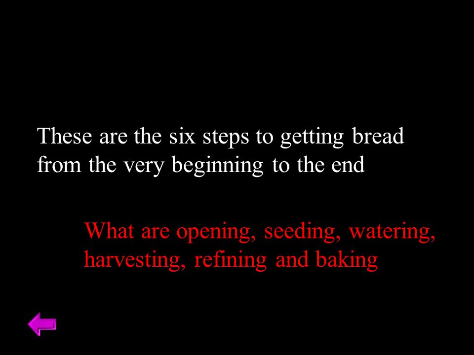 These are the six steps to getting bread from the very beginning to the end What are opening, seeding, watering, harvesting, refining and baking