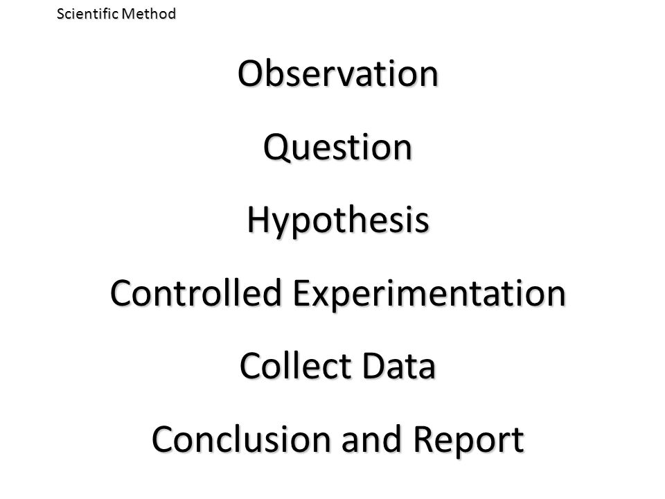 Scientific Method ObservationQuestionHypothesis Controlled Experimentation Collect Data Conclusion and Report