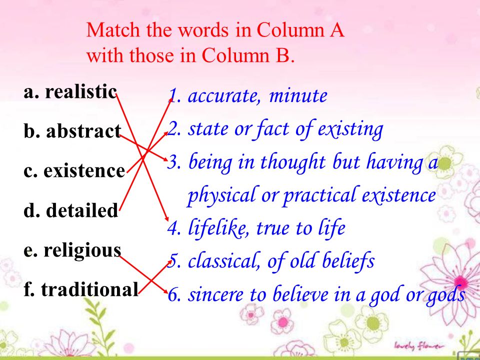 Match the words in Column A with those in Column B.