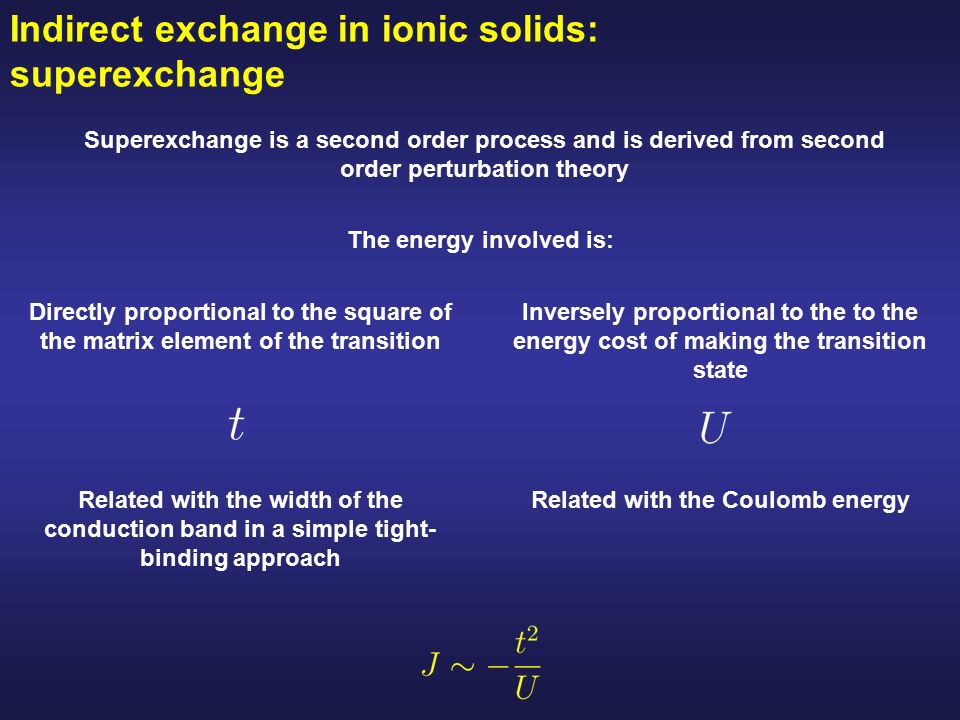 Indirect exchange in ionic solids: superexchange Superexchange is a second order process and is derived from second order perturbation theory The energy involved is: Directly proportional to the square of the matrix element of the transition Related with the width of the conduction band in a simple tight- binding approach Inversely proportional to the to the energy cost of making the transition state Related with the Coulomb energy