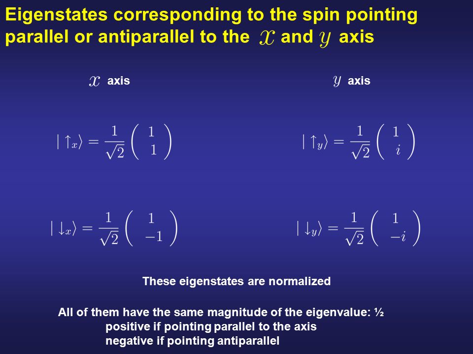 axis Eigenstates corresponding to the spin pointing parallel or antiparallel to the and axis axis All of them have the same magnitude of the eigenvalue: ½ positive if pointing parallel to the axis negative if pointing antiparallel These eigenstates are normalized