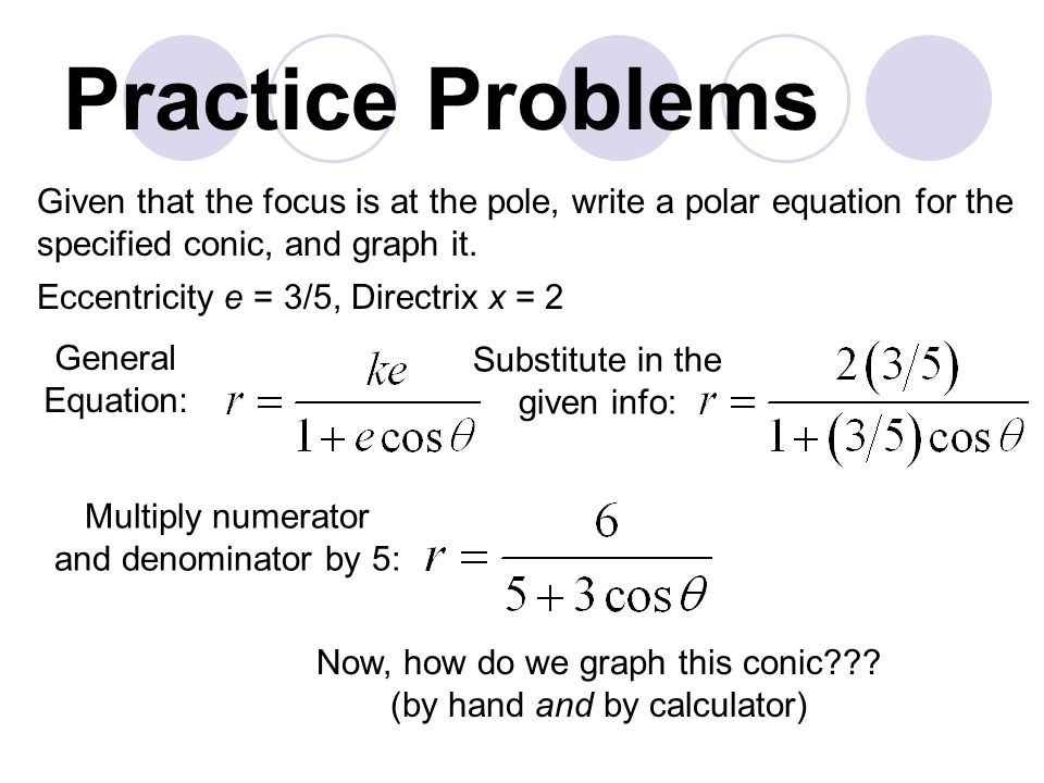 Practice Problems Given that the focus is at the pole, write a polar equation for the specified conic, and graph it.