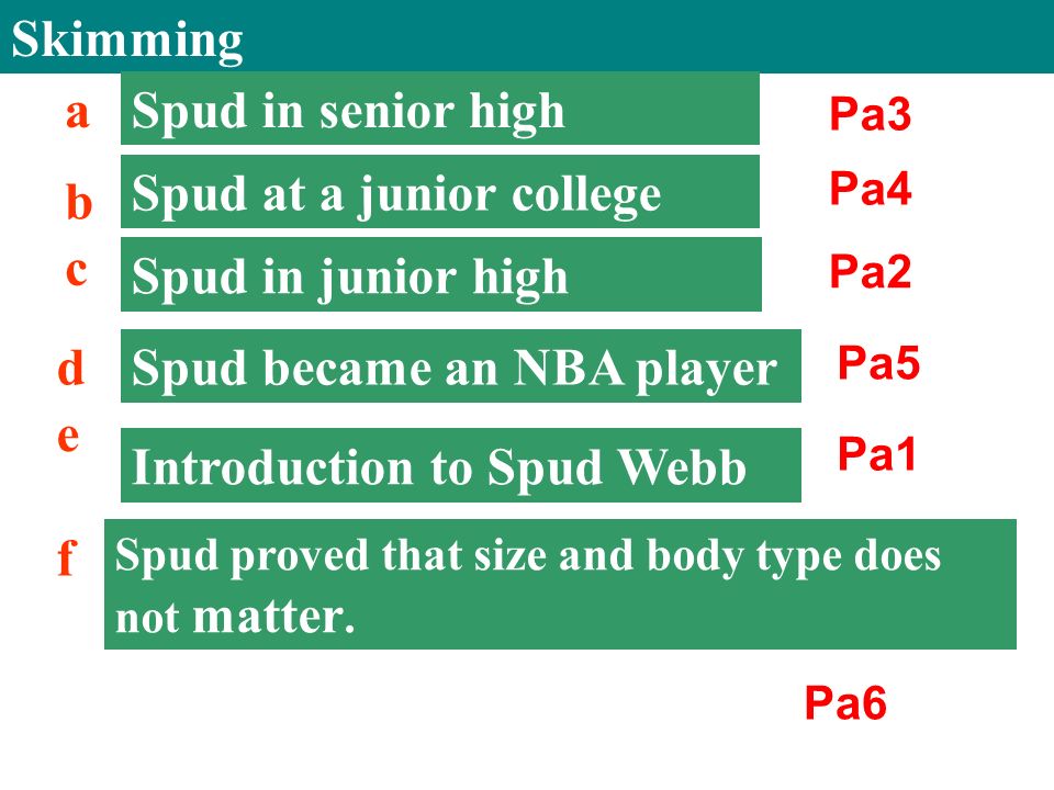Skimming Spud in senior high Spud in junior high Introduction to Spud Webb a b c d e Spud proved that size and body type does not matter.