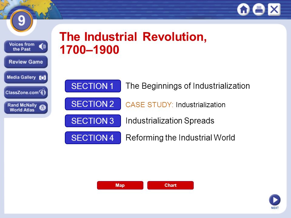 NEXT The Industrial Revolution, 1700–1900 Map SECTION 1 SECTION 2 SECTION 3 SECTION 4 The Beginnings of Industrialization CASE STUDY: Industrialization Industrialization Spreads Reforming the Industrial World Chart