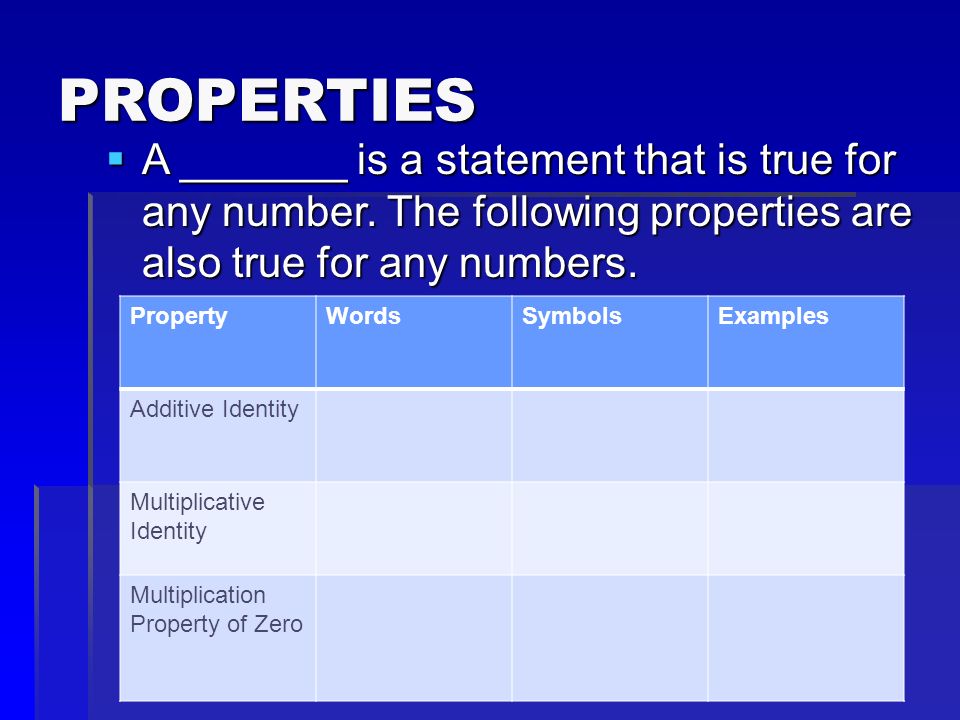 PROPERTIES  A _______ is a statement that is true for any number.