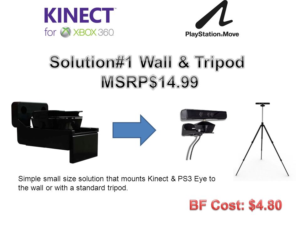 Simple small size solution that mounts Kinect & PS3 Eye to the wall or with a standard tripod.