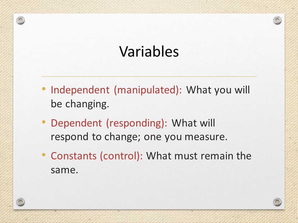 Variables Independent (manipulated): What you will be changing.