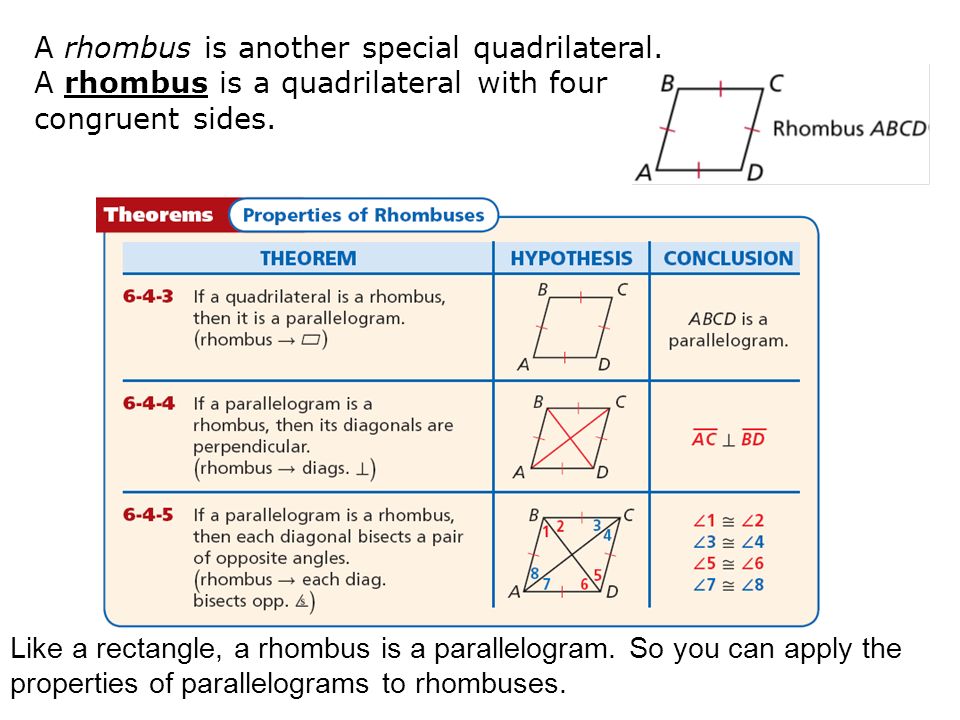 A rhombus is another special quadrilateral. A rhombus is a quadrilateral with four congruent sides.