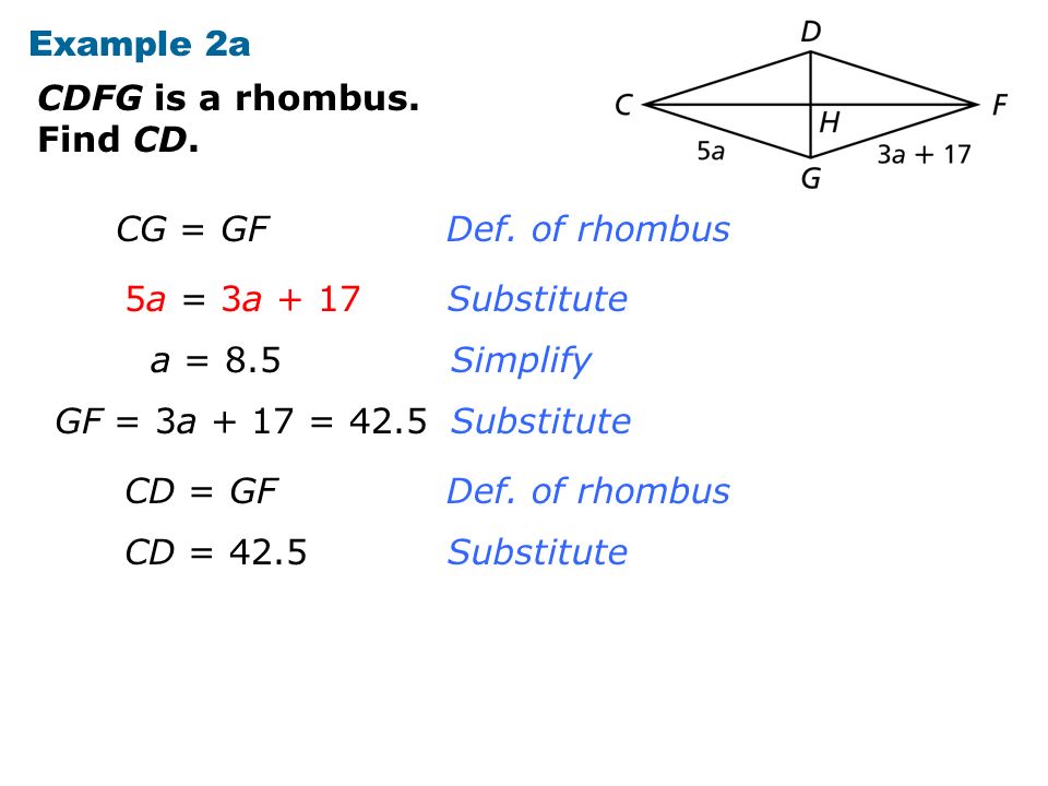 Example 2a CDFG is a rhombus. Find CD. Def. of rhombus Substitute Simplify Substitute Def.