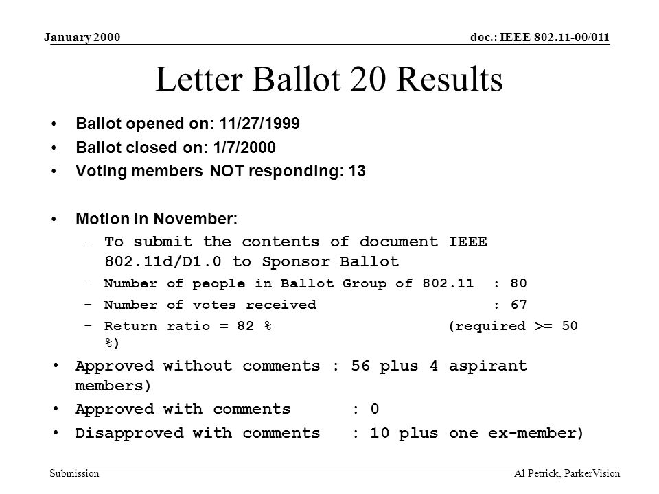 doc.: IEEE /011 Submission January 2000 Al Petrick, ParkerVision Letter Ballot 20 Results Ballot opened on: 11/27/1999 Ballot closed on: 1/7/2000 Voting members NOT responding: 13 Motion in November: –To submit the contents of document IEEE d/D1.0 to Sponsor Ballot –Number of people in Ballot Group of : 80 –Number of votes received : 67 –Return ratio = 82 % (required >= 50 %) Approved without comments : 56plus 4 aspirant members) Approved with comments : 0 Disapproved with comments : 10 plus one ex-member)